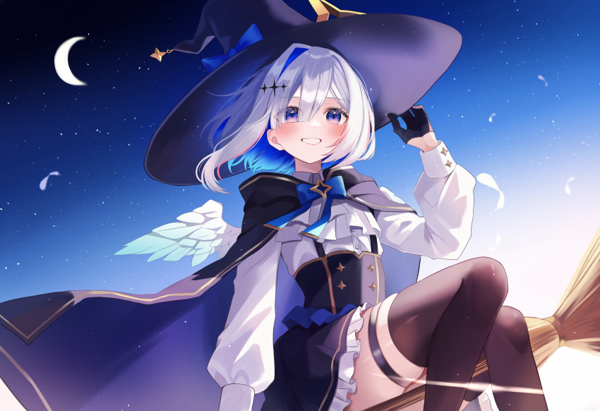 1girl, absurdres, amane_kanata, angel, angel_wings, black_gloves, black_hat, black_robe