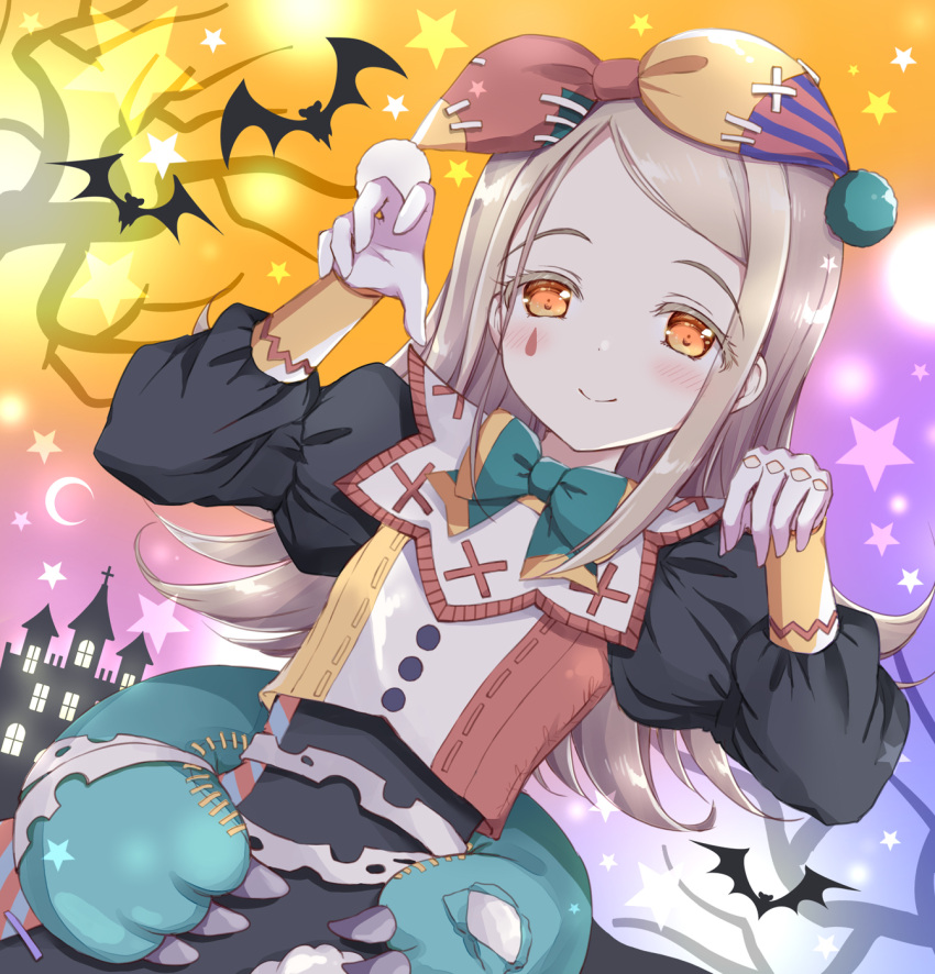 1girl, animal, bare_tree, bat_(animal), black_dress, blue_bow, blush, bow, brown_hair, closed_mouth, commentary_request, dress, dutch_angle, facial_mark, fancy_dress_party_(idolmaster), gakuen_idolmaster, halloween, hands_up, highres, idolmaster, long_hair, long_sleeves, looking_at_viewer, nanase_miori, orange_eyes, puffy_long_sleeves, puffy_sleeves, shinosawa_hiro, smile, solo, star_(symbol), swept_bangs, tree, very_long_hair