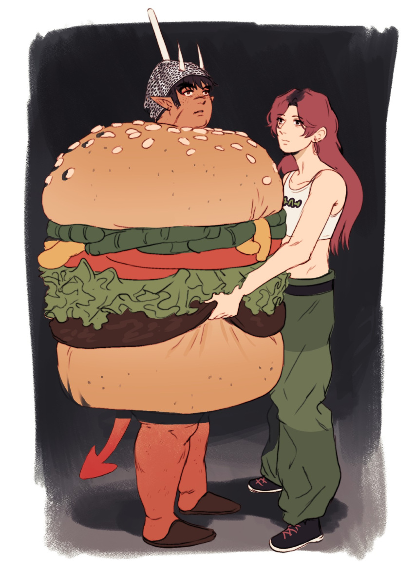 1boy, 1girl, baggy_pants, bandana, black_footwear, black_hair, blank_stare, burger_costume, commentary, crop_top, dark-skinned_male, dark_skin, demon_boy, demon_tail, earrings, english_commentary, fat, fat_man, flat_chest, freckles, green_pants, highres, hoop_earrings, horns, horns_through_headwear, ifer_(greentail), jewelry, long_hair, midriff, multicolored_hair, nifast_(greentail), original, pants, pointy_ears, redhead, roots_(hair), scar, scar_on_cheek, scar_on_face, shoes, slippers, stephanie_blake, tail, tank_top, two-tone_hair, white_tank_top