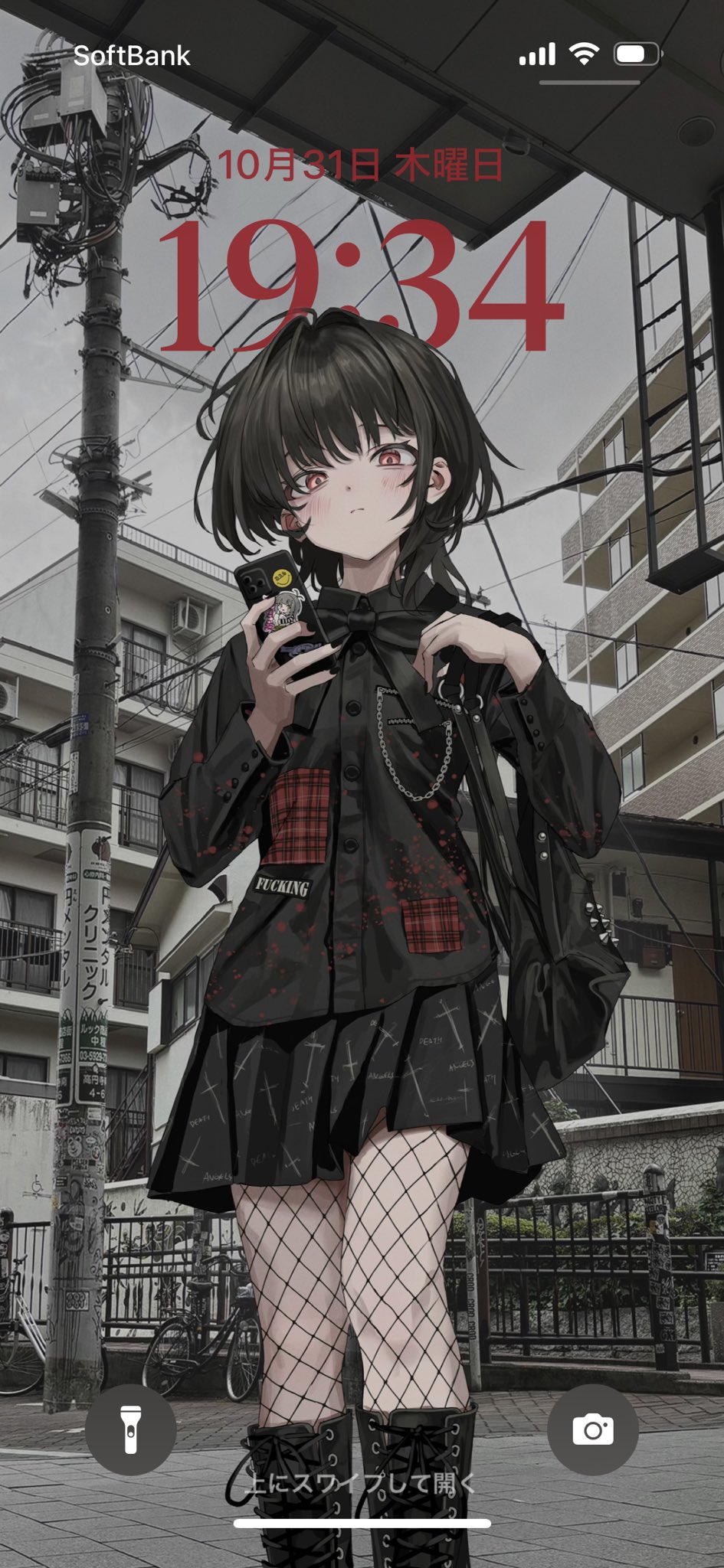 1girl, bag, black_footwear, black_hair, black_shirt, black_skirt, city, fishnets
