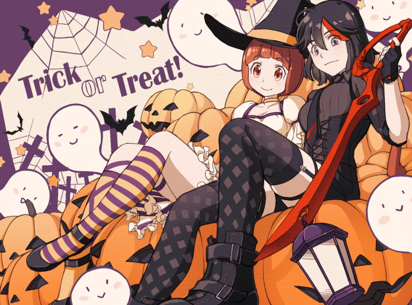 2girls, bat_(animal), black_corset, black_hair, blue_eyes, blush, bob_cut, boots