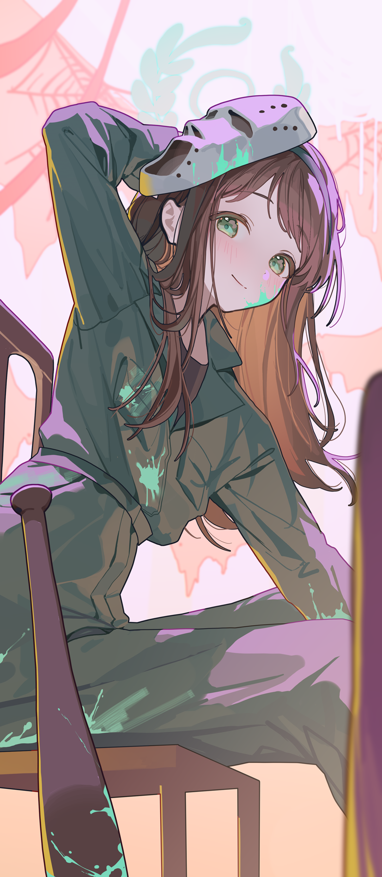 1girl, airi_(blue_archive), airi_(halloween)_(blue_archive), aqua_eyes, aqua_halo, arm_behind_head, arm_up, baseball_bat, black_jumpsuit, black_undershirt, blue_archive, blurry, blush, brown_hair, closed_mouth, commentary_request, depth_of_field, dot_nose, halo, highres, holding, jumpsuit, long_hair, looking_at_viewer, mask, mask_on_head, ningen_mame, official_alternate_costume, on_chair, paint_splatter, paint_splatter_on_face, sitting, smile, solo