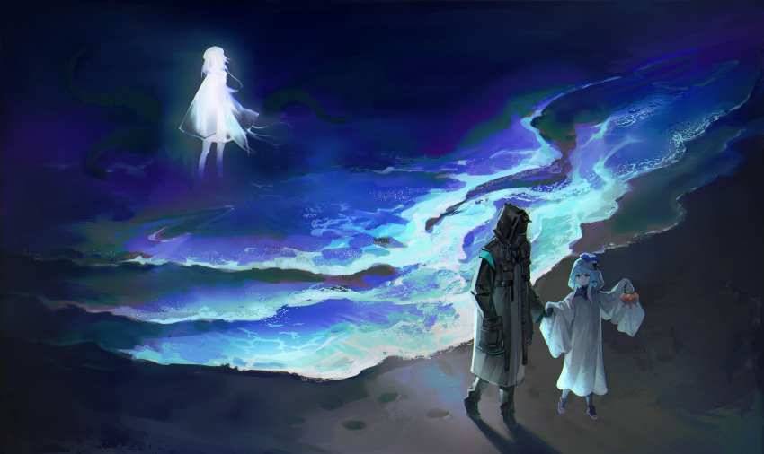 1boy, 2others, arknights, beach, black_coat, blue_hair, blue_hat, coat