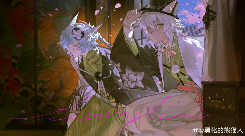 2boys, absurdres, animal_ear_fluff, animal_ears, black_gloves, blue_eyes, blue_hair, bow