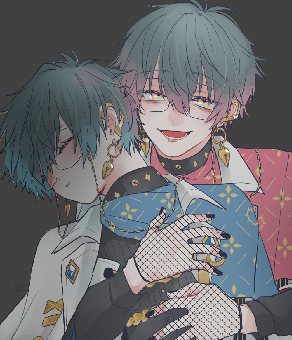 2boys, black_nails, black_shirt, blue_capelet, blue_eyes, blue_hair, blue_scarf, capelet