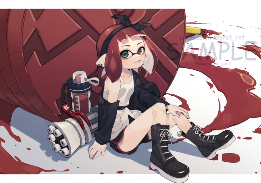 1girl, bandana, black_bandana, black_footwear, black_jacket, black_shorts, boots, collarbone