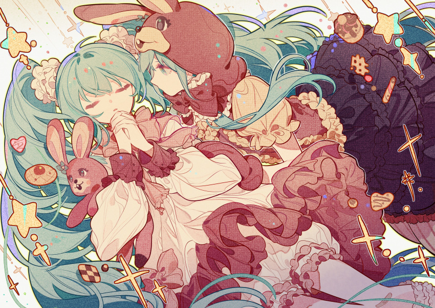 2girls, absurdres, animal_ear_hood, animal_ears, animal_hood, aqua_hair, black_skirt, bloomers