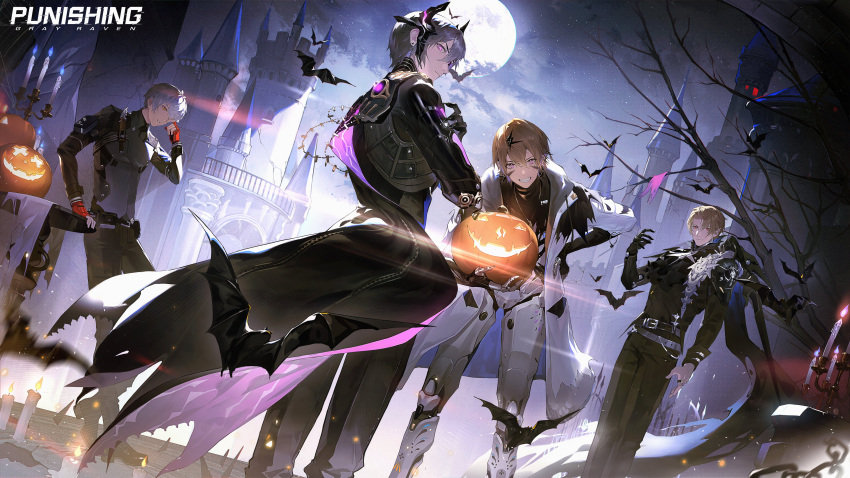 4boys, absurdres, alternate_costume, artist_request, bare_tree, bat_wings, bath, belt, blonde_hair, blue_eyes, camu_(pgr), candle, candlelight, castle, chrome_(pgr), clouds, cloudy_sky, fog, full_moon, gloves, grey_hair, grin, halloween, halloween_costume, headgear, highres, horns, jack-o'-lantern, kamui_(pgr), leaning_back, leaning_forward, looking_at_viewer, looking_back, moon, multiple_boys, official_alternate_costume, official_art, pumpkin, punishing:_gray_raven, single_horn, sky, smile, table, tablecloth, tree, vampire, violet_eyes, wanshi_(pgr), white_hair, wings, yellow_eyes