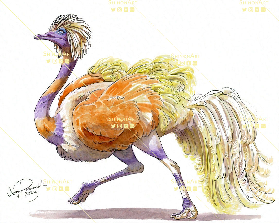 animal_focus, artist_name, bird, closed_mouth, commentary, english_commentary, espathra, etsy_logo, from_side, full_body, instagram_logo, no_humans, ostrich, pokemon, pokemon_(creature), ratite, running, shadeofshinon, signature, simple_background, solo, tumblr_logo, twitter_logo, watermark, white_background