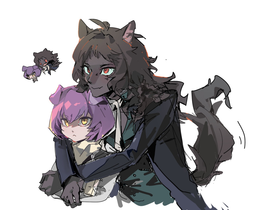 2boys, :<, animal_ears, basilio_(metaphor:_refantazio), black_jacket, braid, brothers, brown_hair