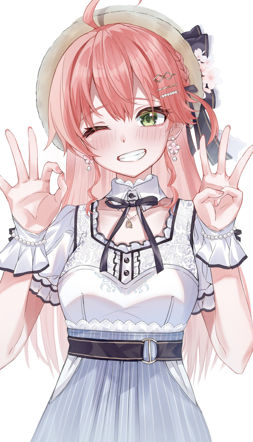 1girl, 5uma1, absurdres, ahoge, belt, black_belt, black_ribbon, blue_skirt
