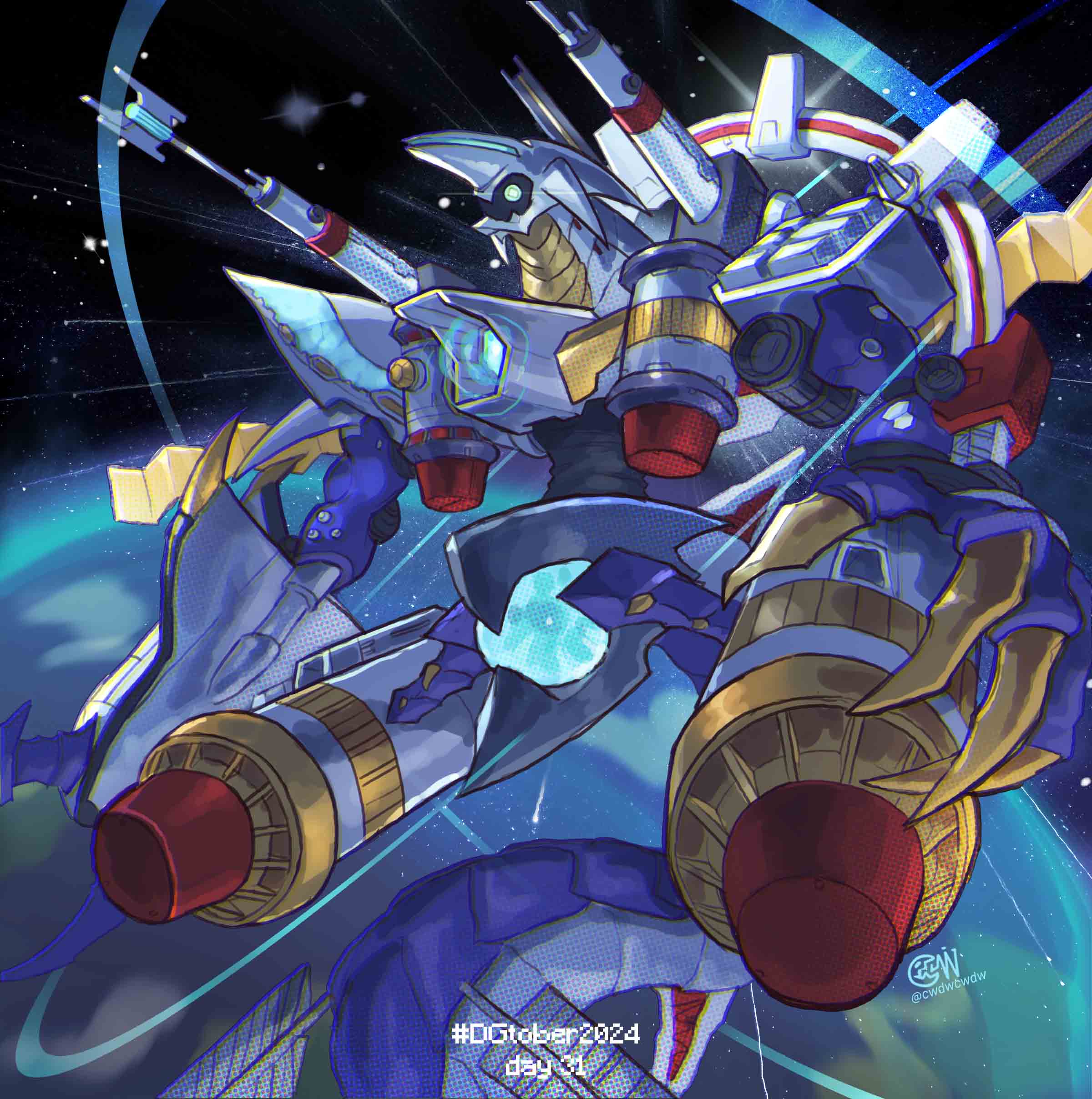 absurdres, cwdw, digimon, digimon_(creature), digimon_world_3, earth_(planet), highres, no_humans, planet, purple_tail, ragnamon, robot, shoulder_cannon, solo, space