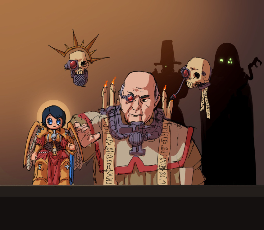 1girl, 3boys, artificial_eye, black_hair, blue_eyes, candle, ecclesiarchy_(warhammer), figure
