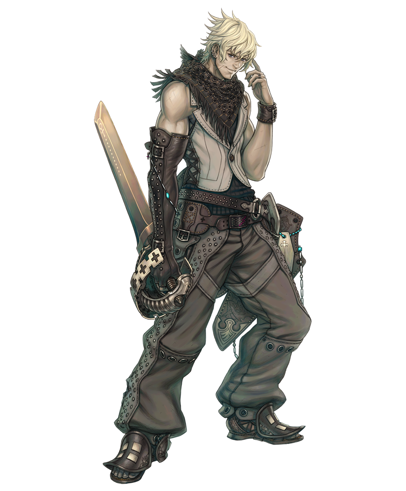 armor, bangs, beads, belt, belt_pouch, belts, blonde_hair, boots, bracelet, chain, chaps, cross, earrings, elbow_gloves, fingerless_gloves, fujisaka_kimihiko, full-body, gloves, grey_eyes, hair_between_eyes, jackal_(the_last_story), jewelry, looking_at_viewer, male, muscle, nintendo, official_art, pants, pouch, quark, ring, sandals, scar, scarf, sheath, short_hair, simple_background, single_elbow_glove, single_glove, smile, solo, standing, studded_belt, sword, the_last_story, toes, vest, weapon, white_background, wristband