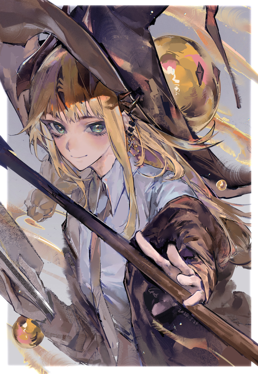 1girl, absurdres, alariess, arknights, black_jacket, blonde_hair, book, brown_necktie