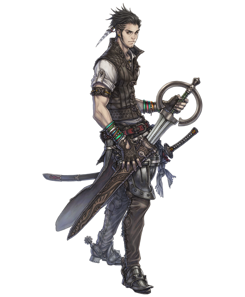 armband, armor, beard, belt, black_hair, boots, bracelet, chaps, earrings, facial_hair, feathers, fingerless_gloves, fujisaka_kimihiko, gloves, hair_ornament, high_heels, jewelry, leather, looking_at_viewer, looking_back, male, muscle, nintendo, official_art, orange_eyes, pose, profile, quark_(the_last_story), sash, sheath, shirt, shoes, short_hair, sideburns, smile, solo, spiked_hair, spurs, standing, steampunk, sword, tattoo, the_last_story, thigh_boots, thighhighs, transparent_background, unsheathing, vest, weapon