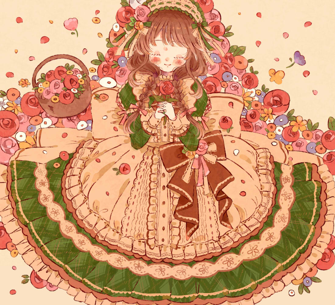 1girl, back_bow, basket, blush_stickers, bow, braid, brown_hair, buttons