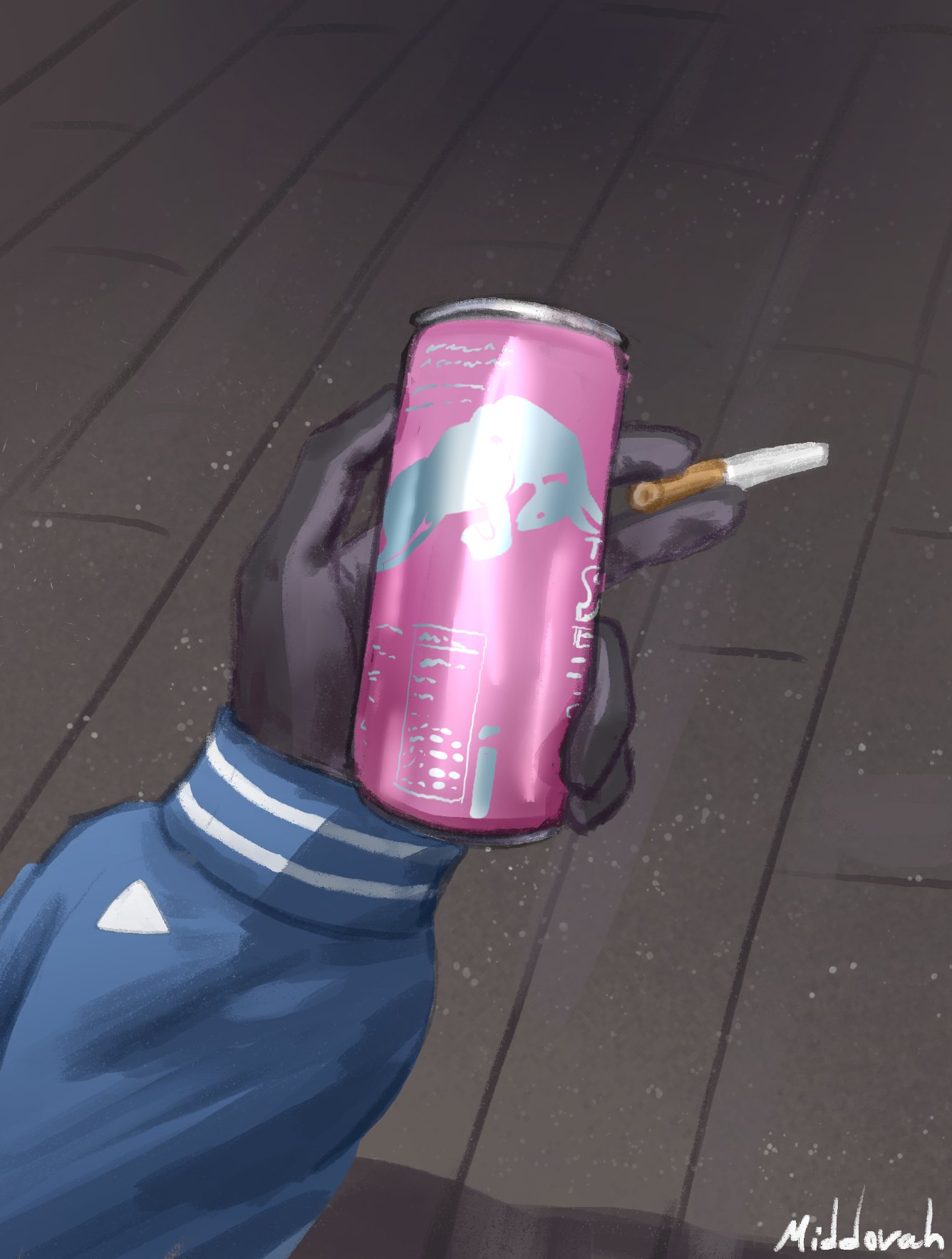 1girl, between_fingers, black_gloves, blue_archive, blue_shirt, can, cigarette, commentary