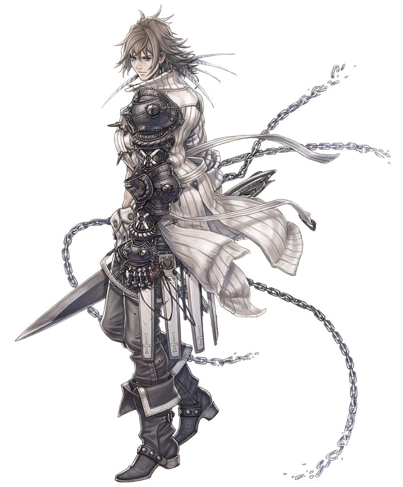 abs, armor, bangs, belt, blue_eyes, boots, brown_hair, chain, chains, clothed, cross, earrings, elza_(last_story), elza_(the_last_story), fujisaka_kimihiko, full-body, gauntlets, grey_hair, hair_between_eyes, high_heels, jacket, jewelry, long_hair, looking_at_viewer, looking_back, male, midriff, nintendo, official_art, pants, pose, profile, shoes, short_hair, simple_background, solo, spiked_hair, standing, strap, striped, sweater, sword, the_last_story, transparent_background, walking, weapon, white_background, wind