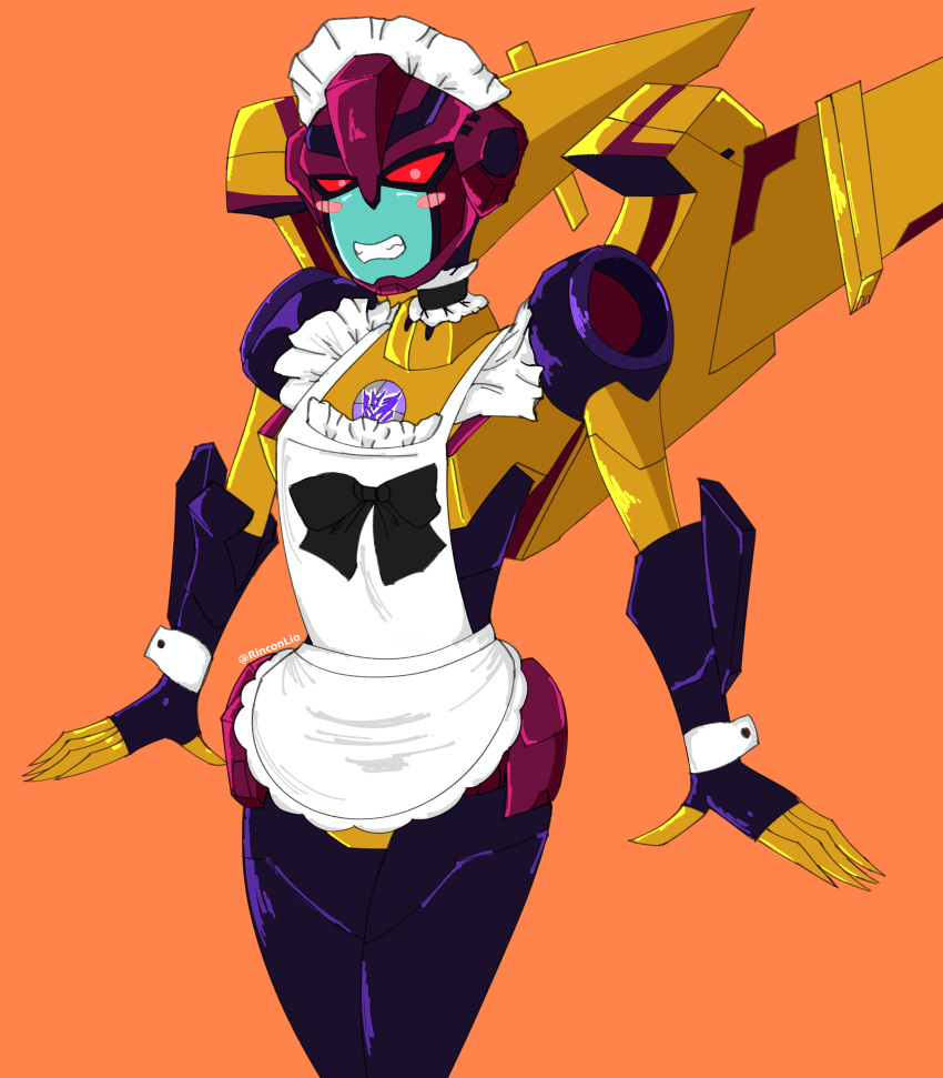 1girl, absurdres, apron, blush, decepticon, dragstrip, helmet, highres