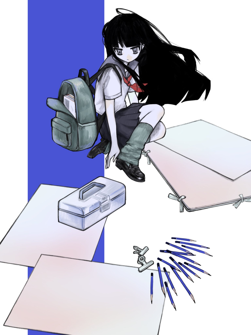 1girl, backpack, bag, binder_clip, black_footwear, black_hair, grey_eyes, grey_sailor_collar, grey_skirt, highres, kei_(63277k), leg_warmers, loafers, long_hair, looking_to_the_side, lunchbox, mini_person, minigirl, neckerchief, open_bag, original, pencil, pleated_skirt, red_neckerchief, sailor_collar, school_uniform, serafuku, shirt, shoes, short_sleeves, sitting, skirt, solo, white_shirt