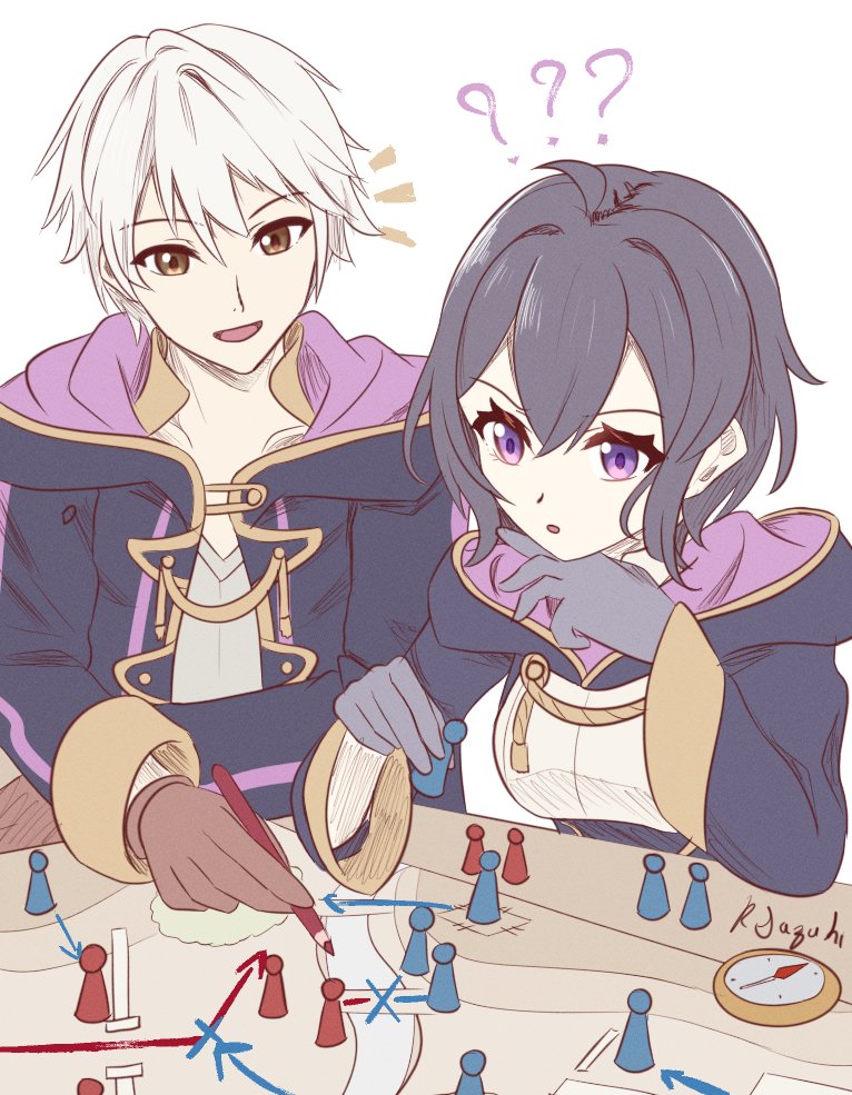 1boy, 1girl, :o, ?, ??, ahoge, black_gloves, black_robe