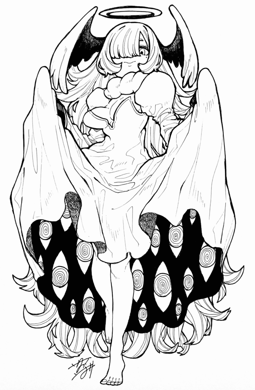 all_yellow777, barefoot, blunt_bangs, clothes_lift, dress, from_below, greyscale, hair_over_one_eye