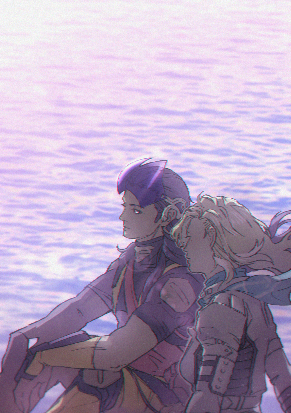 1boy, 1girl, aleph_(megami_tensei), armor, arms_on_knees, black_armor, black_hair, blonde_hair
