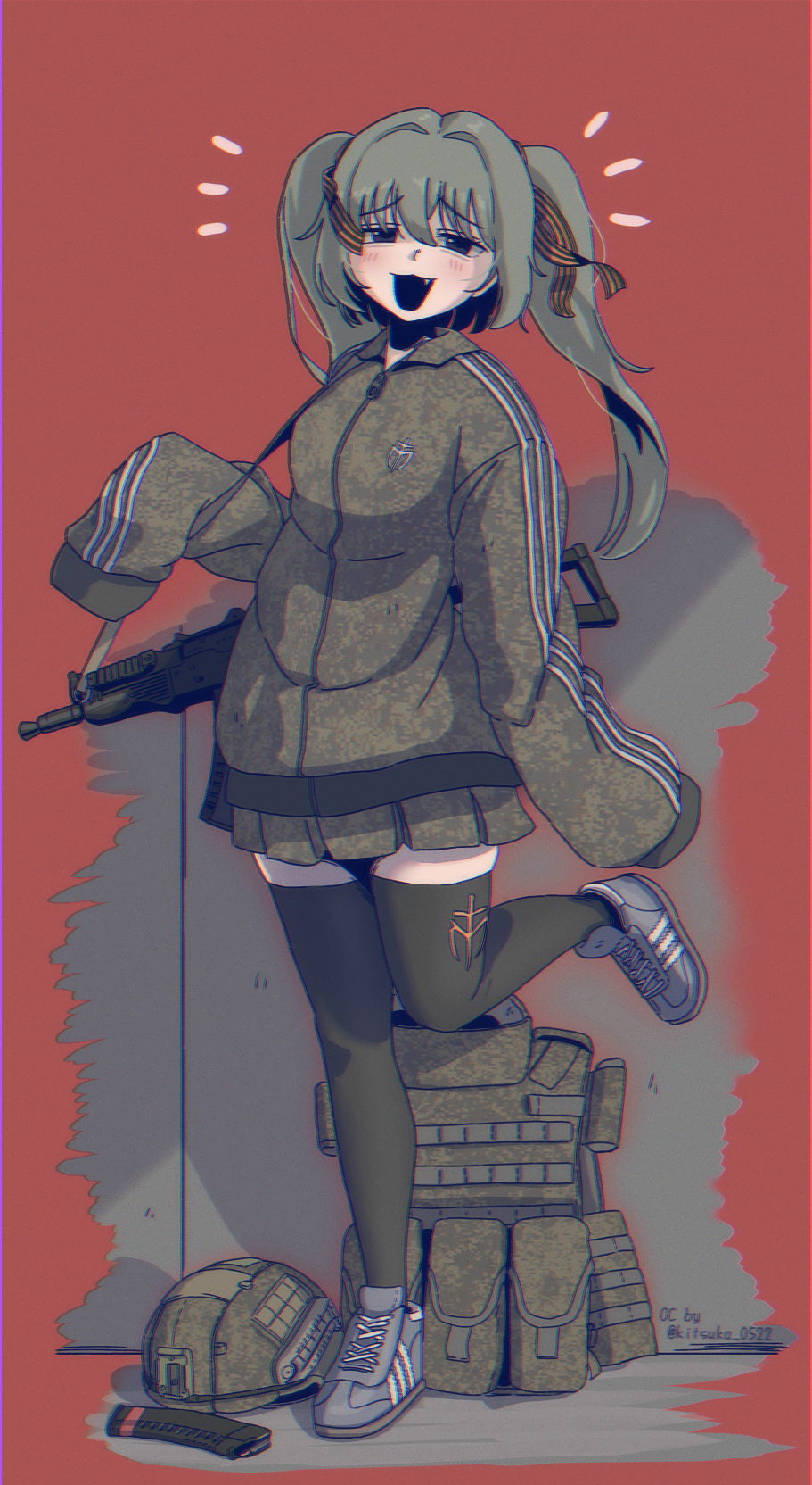 1girl, assault_rifle, b1-517, borrowed_character, gun, hair_ribbon, highres, jacket