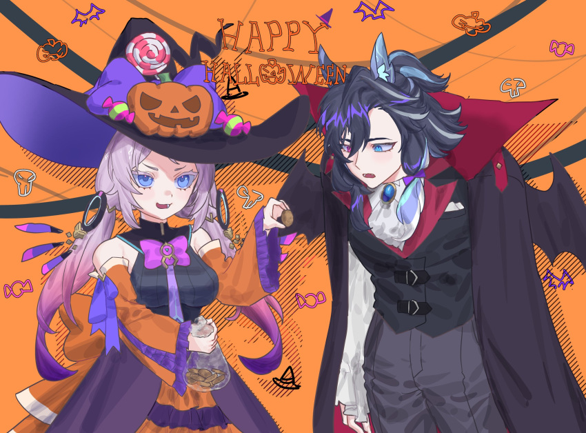 1boy, 1girl, alternate_costume, alternate_hairstyle, animal_ears, arm_at_side, ascot, bat_ears