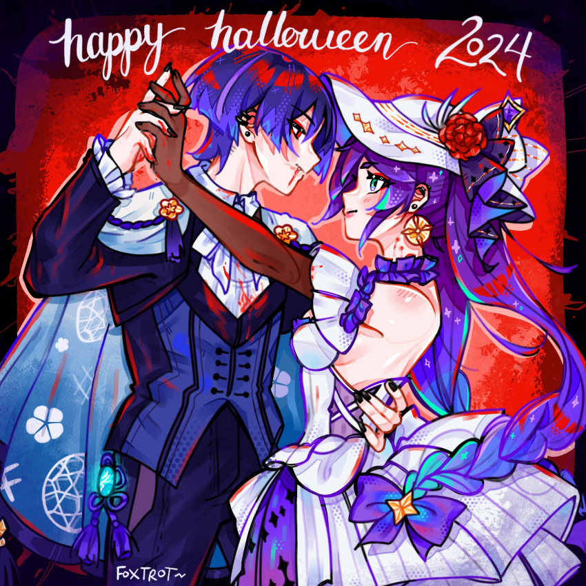 1boy, 1girl, 2024, aiguillette, alternate_hairstyle, aqua_eyes, artist_name, ascot, backless_dress, backless_outfit, black_nails, black_pants, black_ribbon, black_sleeves, blood, blood_from_mouth, blue_cape, blue_gemstone, blue_hair, blue_vest, blush, bow, breasts, brown_gloves, cape, chinese_knot, clover_print, collar, collared_shirt, cross-laced_clothes, cross-laced_dress, dancing, detached_sleeves, dress, ear_piercing, earrings, elbow_gloves, eye_contact, fang, flower, foxtrot_(foxtrot_xx), frilled_collar, frilled_sleeves, frills, gem, genshin_impact, gloves, glowing_gem, gold, hair_bow, hair_ornament, halloween, halloween_costume, hand_on_another's_back, hand_up, happy_halloween, hat, hat_flower, hat_ribbon, highres, holding_hands, jewelry, layered_dress, layered_skirt, layered_sleeves, long_hair, long_sleeves, looking_at_another, low-braided_long_hair, low-tied_long_hair, mona_(genshin_impact), multicolored_hair, neck, pants, picture_hat, piercing, purple_bow, purple_dress, purple_hair, purple_skirt, red_background, red_eyes, red_flower, red_lips, ribbon, scaramouche_(genshin_impact), shirt, short_eyebrows, shoulder_blush, sideboob, sidelocks, skirt, smile, sparkle_print, star_(symbol), star_hair_ornament, star_print, strapless, strapless_dress, streaked_hair, tassel, twintails, two-sided_cape, two-sided_fabric, vest, white_ascot, white_cape, white_dress, white_hat, white_shirt, white_skirt, white_sleeves, white_undershirt