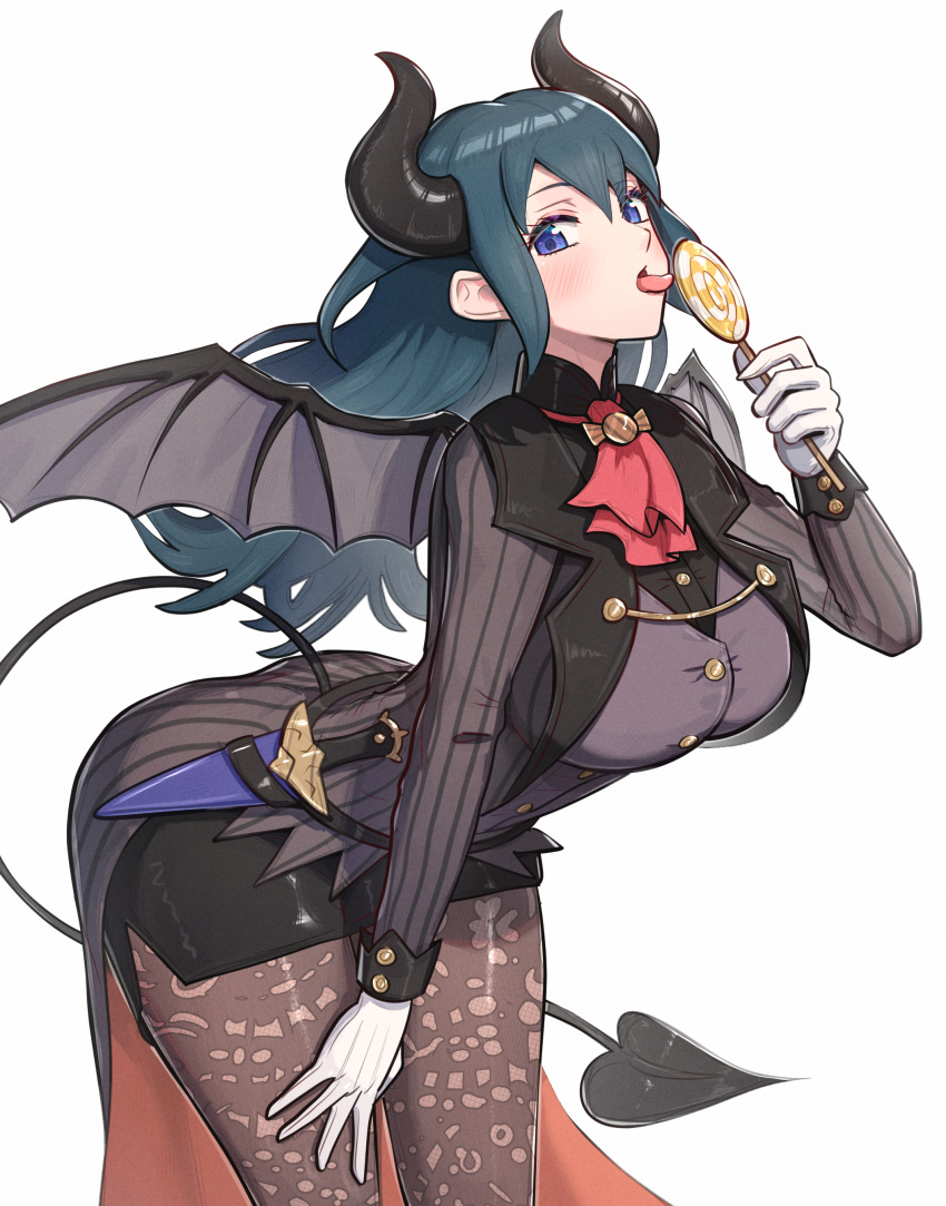 1girl, absurdres, black_hair, blue_eyes, breasts, byleth_(female)_(fire_emblem), byleth_(fire_emblem), byleth_(male)_(fire_emblem), byleth_(male)_(fire_emblem)_(cosplay), byleth_(male)_(halloween)_(fire_emblem), candy, cosplay, demon_horns, demon_tail, demon_wings, fake_horns, fake_wings, fire_emblem, fire_emblem_heroes, food, gloves, gonzarez, highres, holding, holding_candy, holding_food, holding_lollipop, horns, large_breasts, leaning_forward, licking, light_brown_hair, lollipop, looking_at_viewer, pantyhose, simple_background, solo, tail, tongue, tongue_out, waist_cape, white_gloves, wings