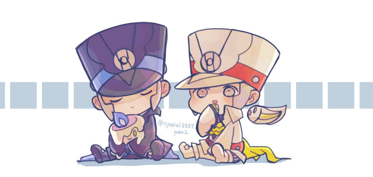 2boys, black_hat, brothers, chibi, chibi_only, closed_eyes, emmet_(pokemon), emmet_(sygna_suit)_(pokemon)
