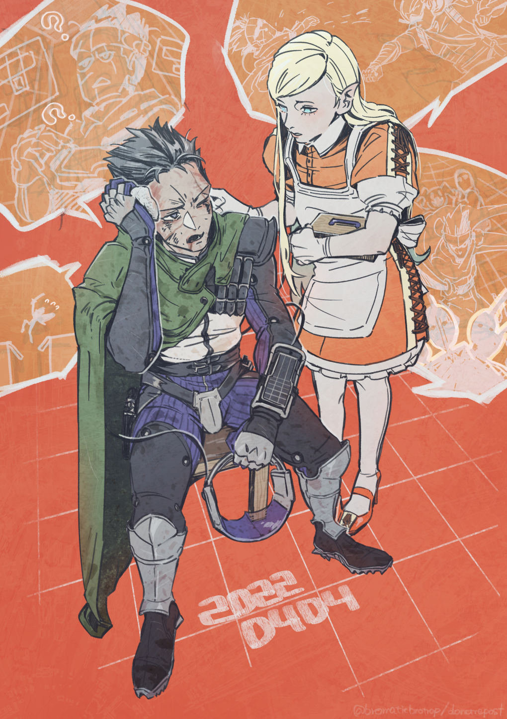 1boy, 1girl, apron, arm_on_own_leg, armor, armored_legwear, belt, black_armor