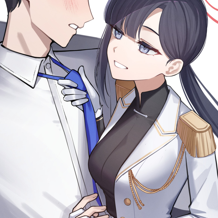 1boy, 1girl, aoi_riko, blue_archive, blue_necktie, clothes_grab, halo, highres