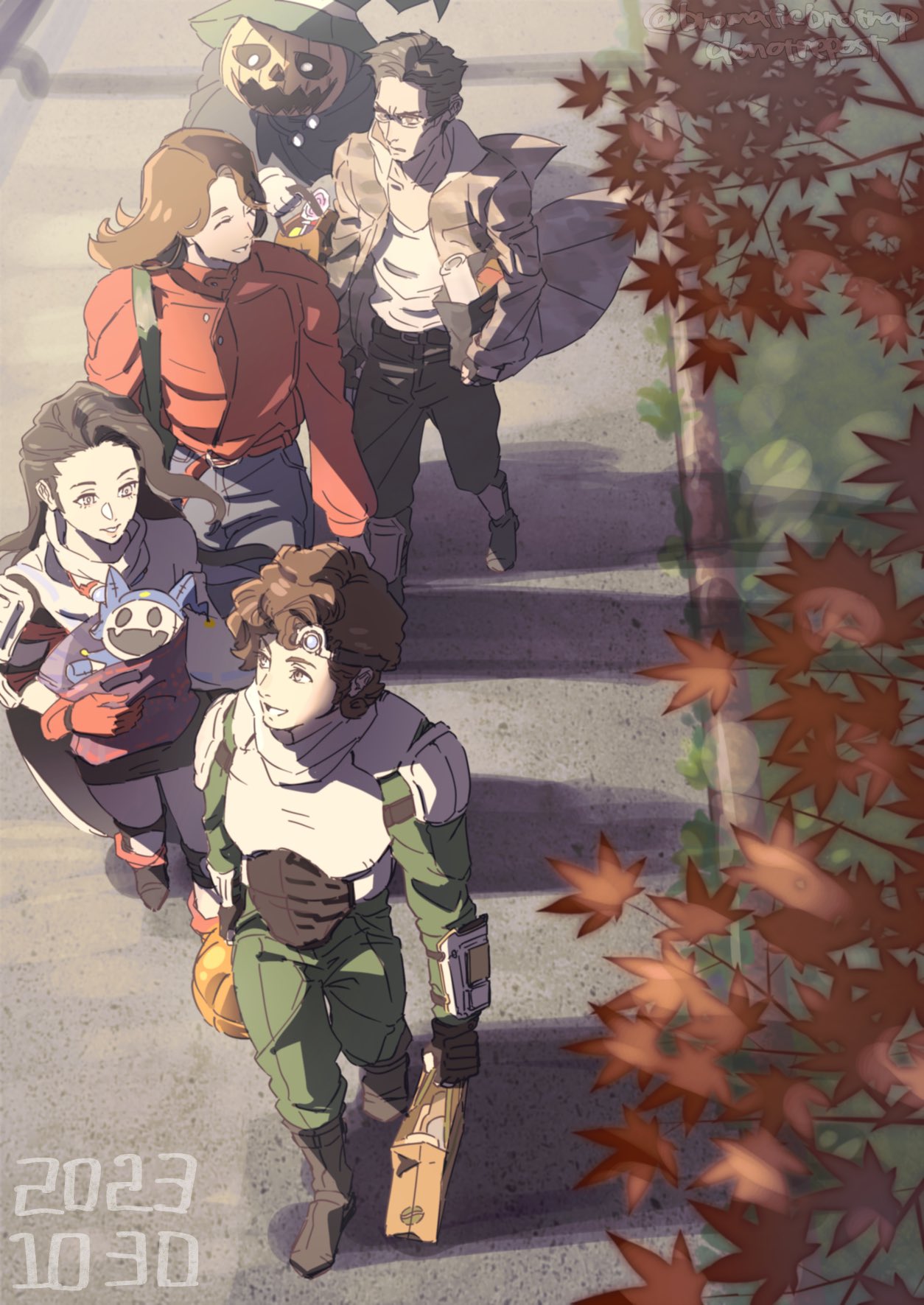 1girl, 3boys, armor, bag, bandana, black_footwear, black_gloves, black_hair, black_pants, black_shirt, black_skirt, blue_capelet, breastplate, brown_eyes, brown_hair, capelet, comp_(megami_tensei), dappled_sunlight, dated, denim, facing_viewer, glasses, gloves, grass, green_pants, green_shirt, gun, gun_on_back, hands_in_pockets, hat, highres, holding, holding_bag, holding_stuffed_toy, jack_frost_(megami_tensei), jacket, jeans, kazuya_(megami_tensei), leaf, long_hair, looking_at_another, looking_to_the_side, military_jacket, multiple_boys, open_clothes, open_jacket, outdoors, pants, pencil_skirt, pumpkin, pyro_jack, red_gloves, red_jacket, red_shirt, shin_megami_tensei, shin_megami_tensei_i, shirt, short_hair, shoulder_pads, sidewalk, skirt, smile, stuffed_toy, sunlight, takeshi_(megami_tensei), tori_(bromaticbrotrap), tree, weapon, weapon_on_back, white_armor, white_bandana, white_capelet, white_gloves, white_shirt, wizard_hat, yuji_(megami_tensei), yuka_(megami_tensei)