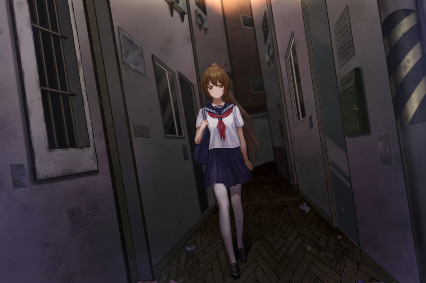 1girl, absurdres, bag, brown_eyes, brown_hair, highres, horror_(theme), leno^a^