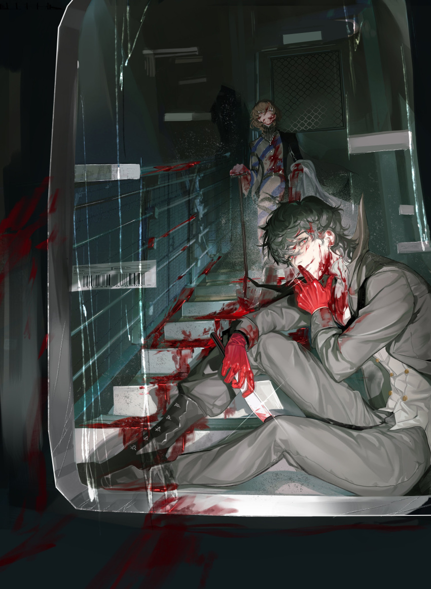 2boys, absurdres, akechi_gorou, amamiya_ren, bed_sheet, blood, blood_on_clothes, blood_on_face, blood_on_ground, broken_glass, broken_window, brown_hair, cane, chain-link_fence, cigarette, commentary_request, fence, glass, gloves, grey_jacket, grey_pants, grey_shirt, highres, holding, holding_cane, holding_cigarette, holding_sheet, jacket, multiple_boys, pants, persona, persona_5, red_gloves, red_pupils, seigenmomokawa, shirt, sitting, smoking, stairs, standing, tile_wall, tiles