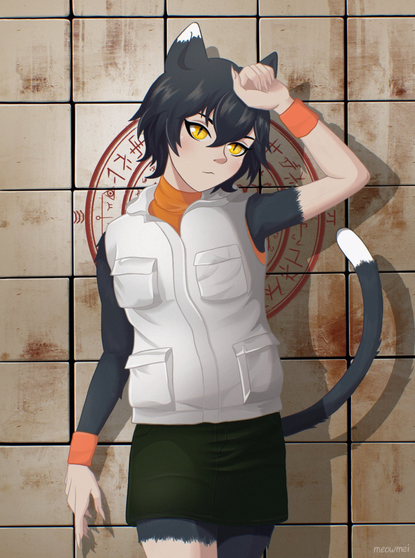 1girl, animal_ears, arm_up, black_fur, black_hair, body_fur, cat_ears, cat_girl, cat_tail, closed_mouth, cosplay, green_skirt, heather_mason, heather_mason_(cosplay), highres, izutsumi, meowmei, orange_wristband, shadow, short_hair, silent_hill_(series), silent_hill_3, skirt, sleeveless, sleeveless_turtleneck, slit_pupils, solo, tail, tile_wall, tiles, turtleneck, vest, white_fur, white_vest, yellow_eyes