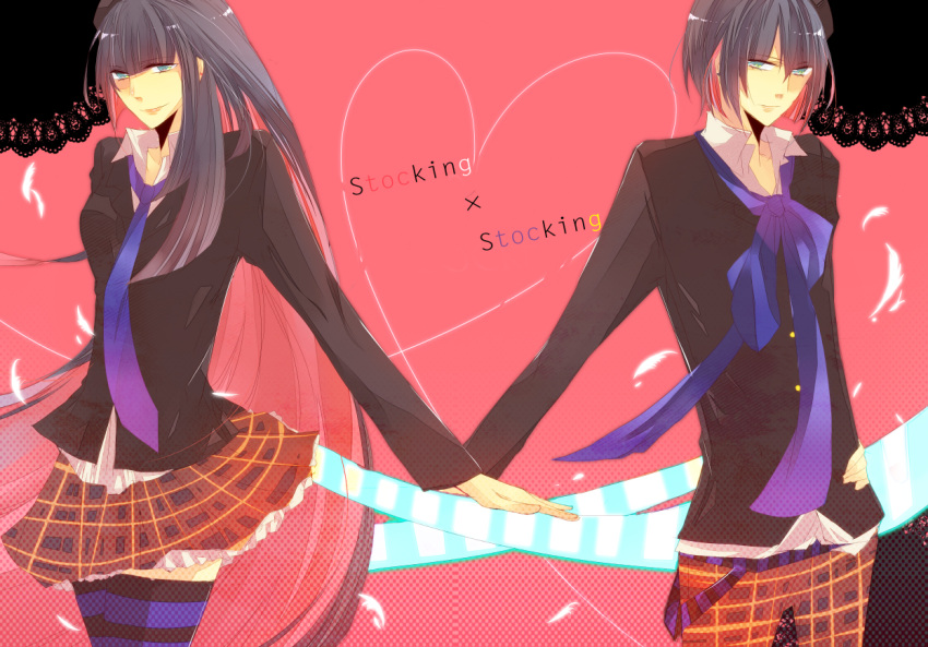 dual_persona, genderswap, heart, long_hair, multicolored_hair, necktie, panty_&amp;_stocking_with_garterbelt, short_hair