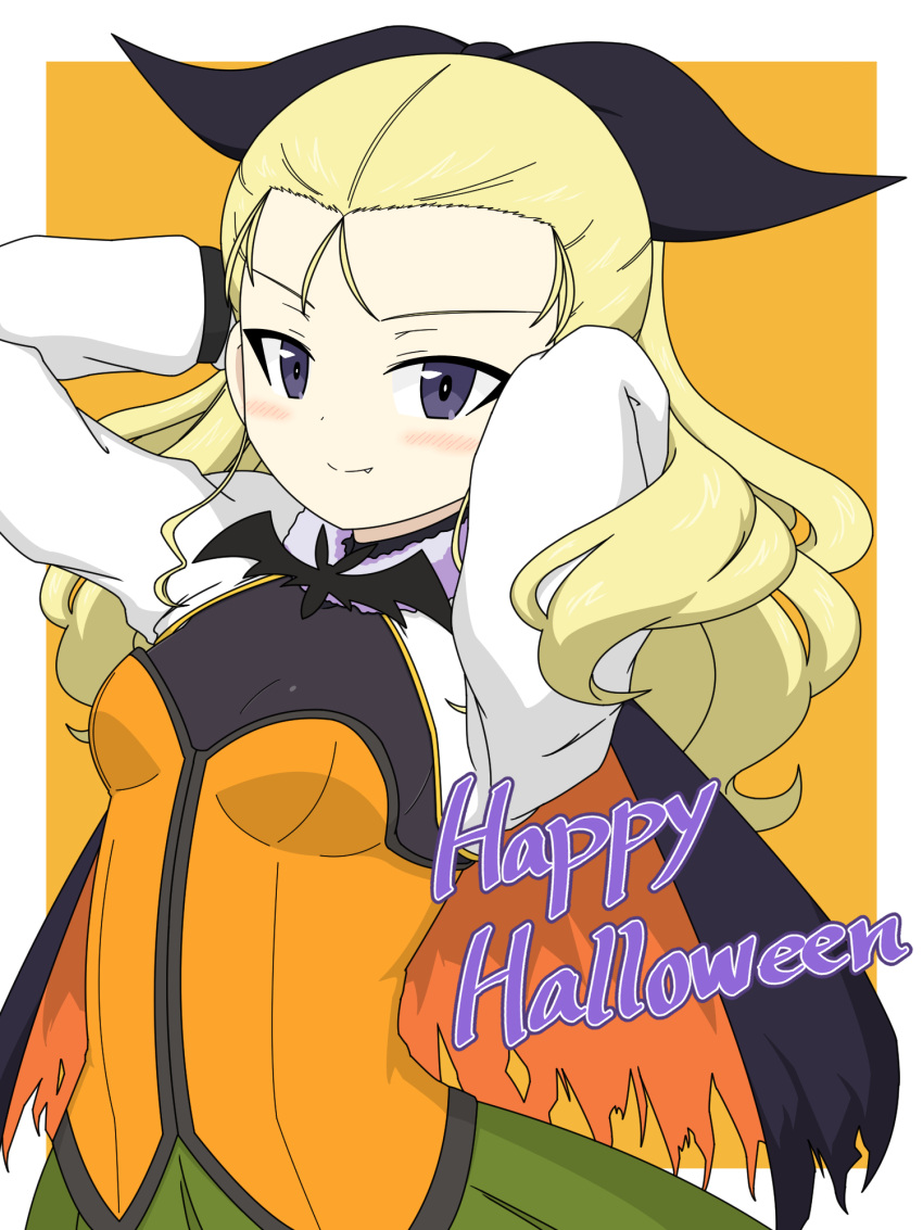 1girl, assam_(girls_und_panzer), bat_brooch, black_cape, black_ribbon, black_shirt, blonde_hair, blue_eyes