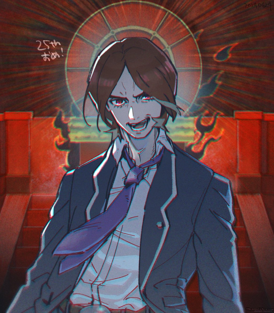 1boy, arms_at_sides, belt, black_jacket, blue_necktie, brown_eyes, brown_hair, dress_shirt, evil_grin, evil_smile, facing_viewer, grin, halo, highres, jacket, light_particles, light_rays, looking_at_viewer, necktie, open_clothes, open_jacket, open_mouth, outdoors, persona, persona_2, red-eye_effect, red_background, shirt, smile, stairs, suou_tatsuya, tori_(bromaticbrotrap), white_shirt, wind