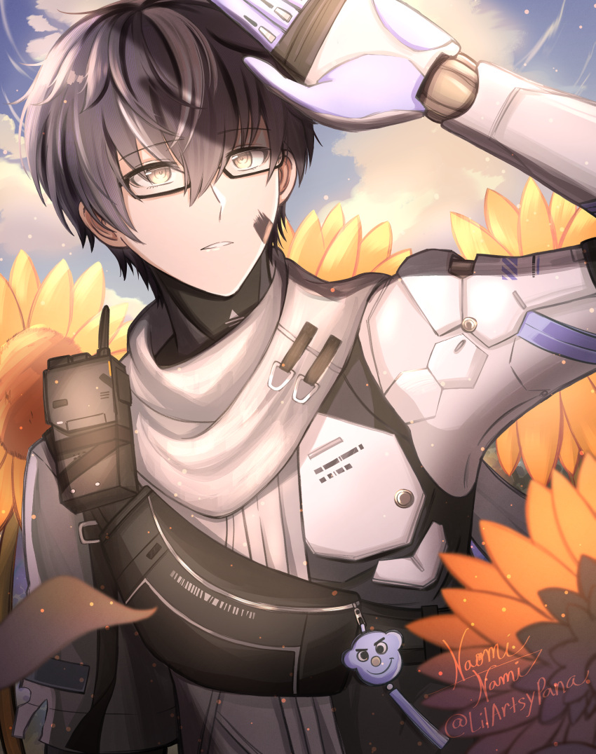 1boy, absurdres, bandaid, bandaid_on_cheek, bandaid_on_face, black_hair, flower, glass