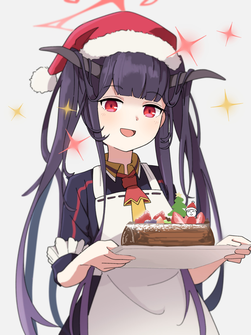 1girl, apron, black_hair, blue_archive, demon_horns, doodle_sensei_(blue_archive), food, fuuka_(blue_archive), halo, hat, highres, holding, horns, long_hair, long_sleeves, looking_at_viewer, open_mouth, red_eyes, sabinashi, santa_hat, sensei_(blue_archive), simple_background, smile, solo, twintails, upper_body