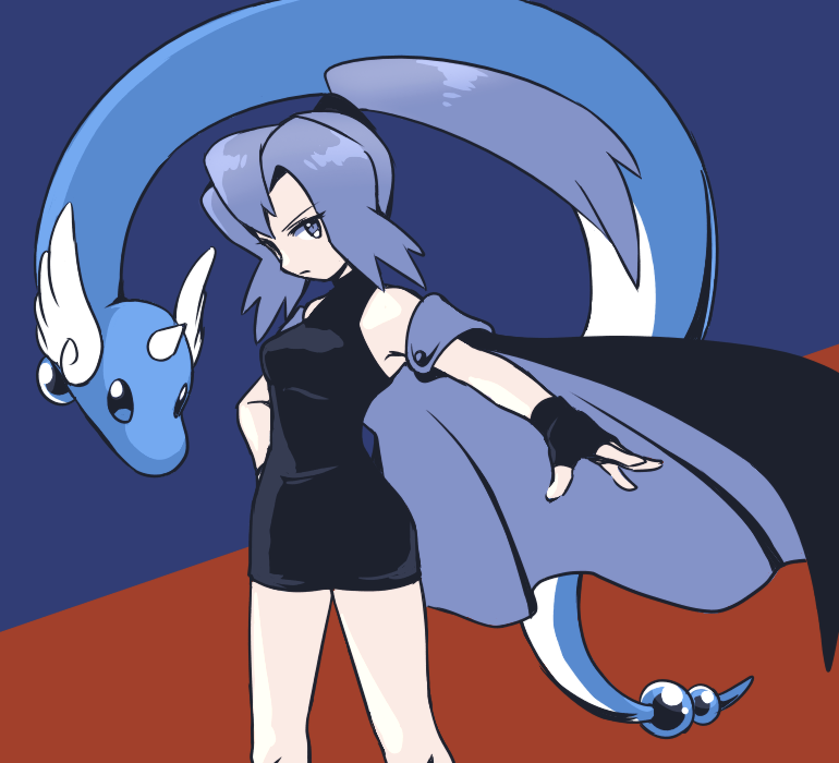 1girl, 35yado, bare_shoulders, black_cape, black_dress, black_gloves, blue_background, blue_cape