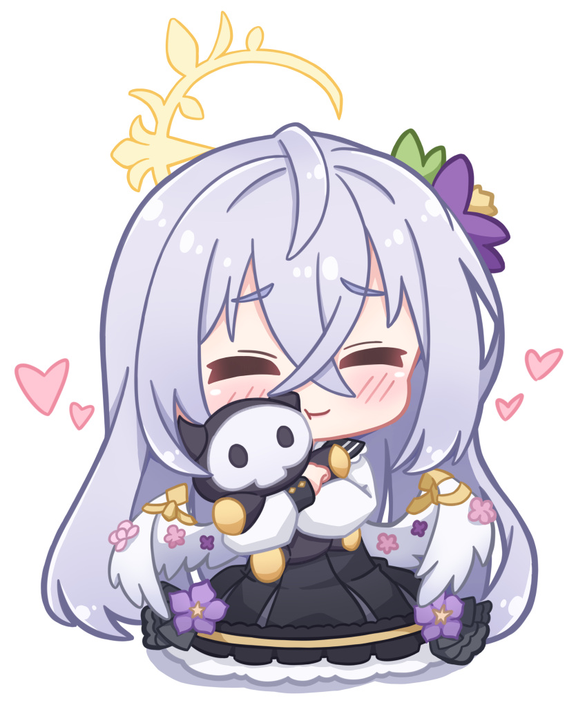1girl, absurdres, angel_wings, azusa_(blue_archive), black_dress, black_sailor_collar, blue_archive, blush, chibi, chibi_only, closed_mouth, crescent_halo, crossed_bangs, dress, dress_flower, feathered_wings, flower, frilled_dress, frills, full_body, hair_between_eyes, hair_flower, hair_ornament, halo, highres, holding, holding_stuffed_toy, jacket, long_hair, long_sleeves, low_wings, neguse1233, open_clothes, open_jacket, petticoat, puffy_long_sleeves, puffy_sleeves, sailor_collar, simple_background, skullman_(blue_archive), solo, stuffed_toy, white_background, white_hair, white_jacket, white_wings, wings, yellow_halo