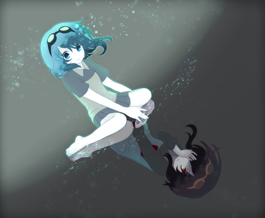 barefoot, black_hair, blue_eyes, blue_hair, different_reflection, dual_persona, dutch_angle, goggles