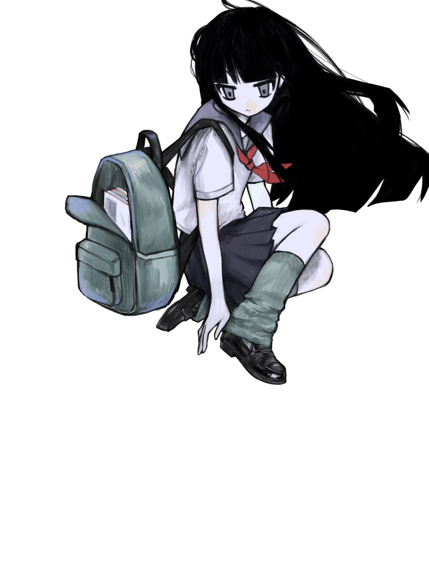 1girl, backpack, bag, black_hair, closed_mouth, full_body, grey_eyes, grey_skirt