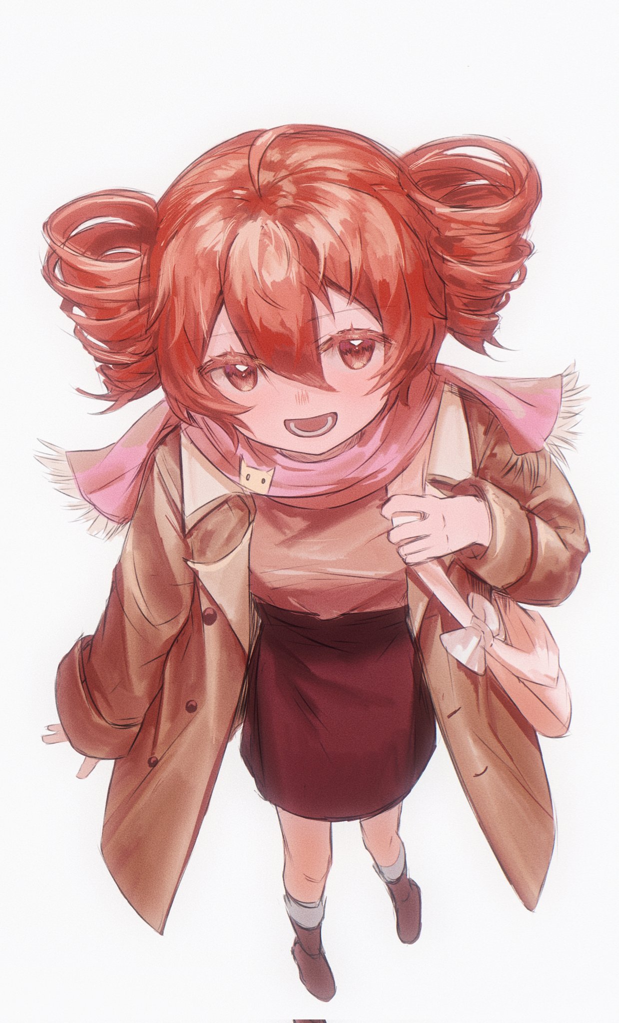 alternate_costume, bag, boots, brown_coat, coat, drill_hair, hair_between_eyes, handbag