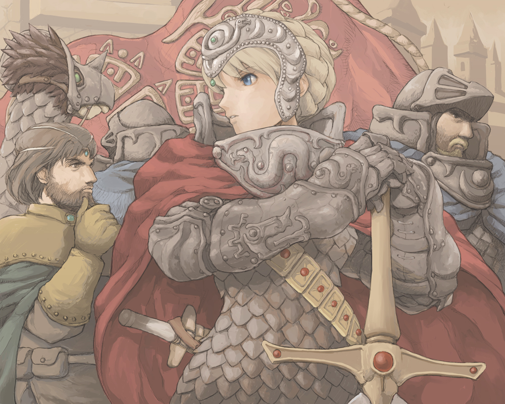 beard, blonde_hair, brown_hair, cape, facial_hair, kaze_no_tani_no_nausicaa, kurotowa, kushana